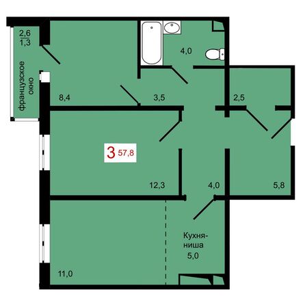 Планировка 3-комн 57,8 м²