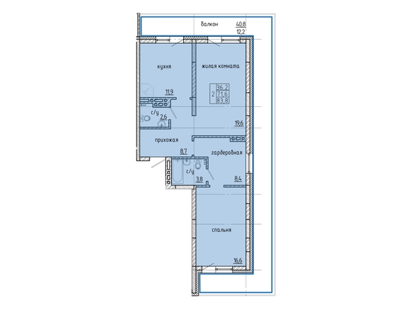 Планировка 2-комн 83,8, 84 м²