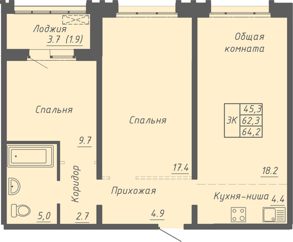 Планировка 3-комн 64,2 м²