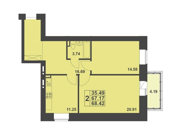 Планировка двухкомнатной квартиры 68,4 кв.м