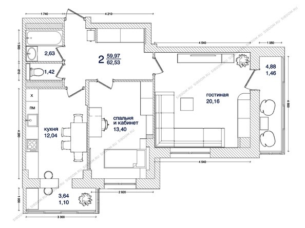 Планировка 2-комнатной квартиры 61,53 кв.м