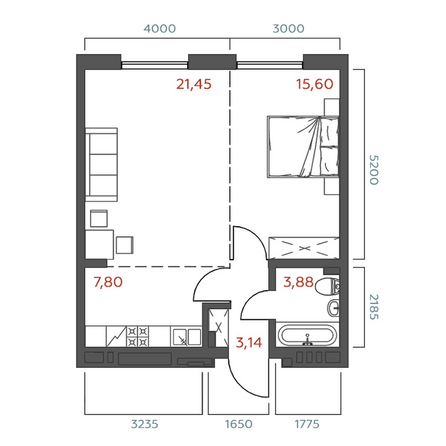 Планировка 1-комн 51,87 м²