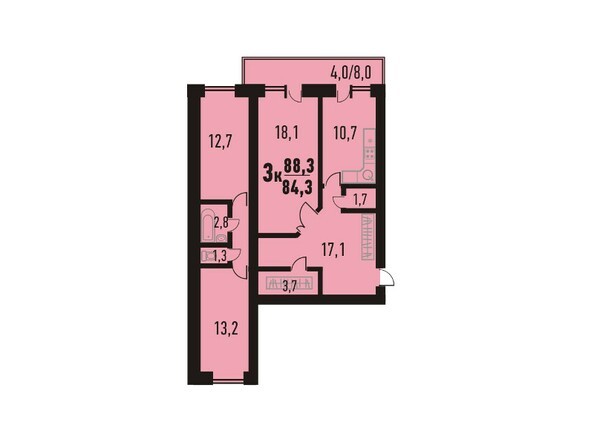 Планировка трёхкомнатной квартиры 88,3 кв.м