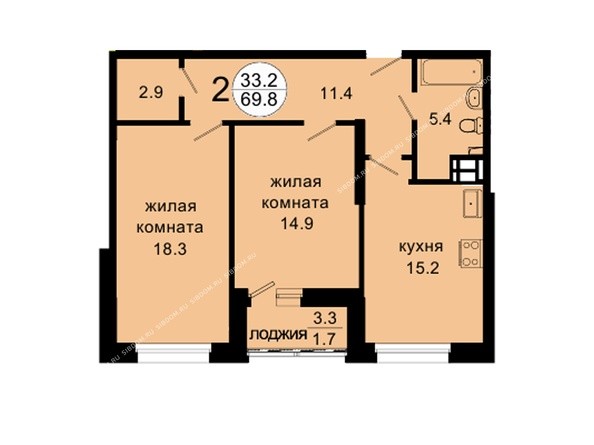 Планировка двухкомнатной квартиры 69,8 кв.м