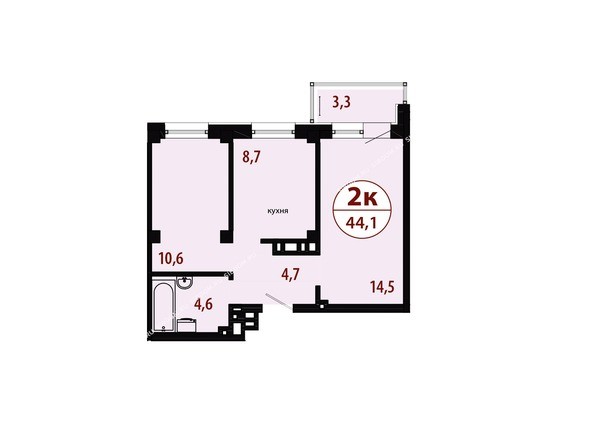 Секция 3. Планировка двухкомнатной квартиры 44,1 кв.м