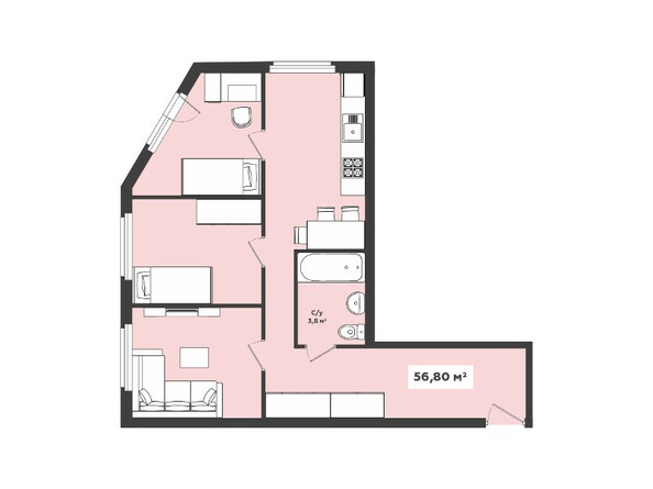 Планировка 3-комнатной квартиры 56,80 кв.м