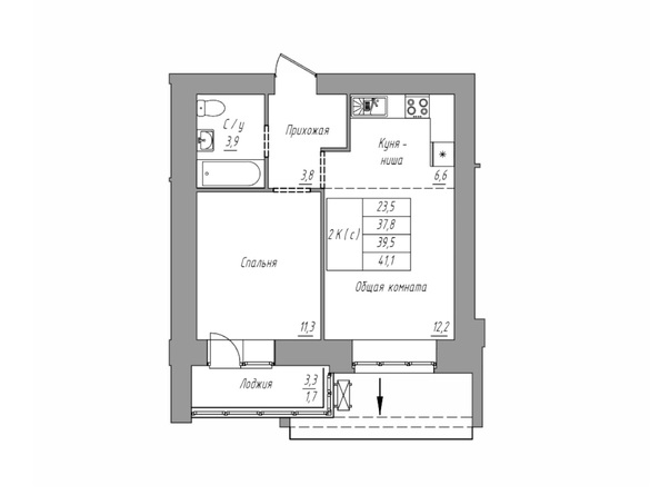Планировка 2-комн 37,8 - 41,1 м²
