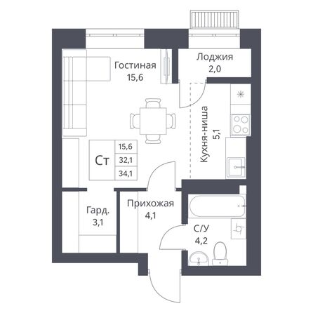 Планировка Студия 34,1 м²