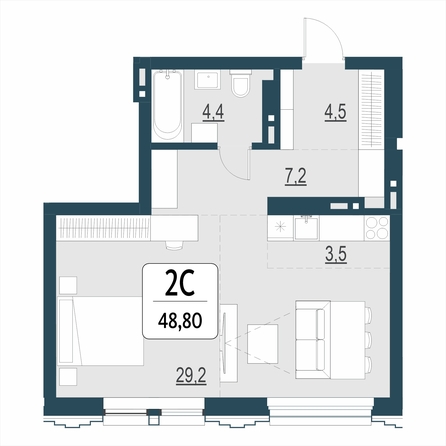 Планировка 2-комн 48,8, 49 м²