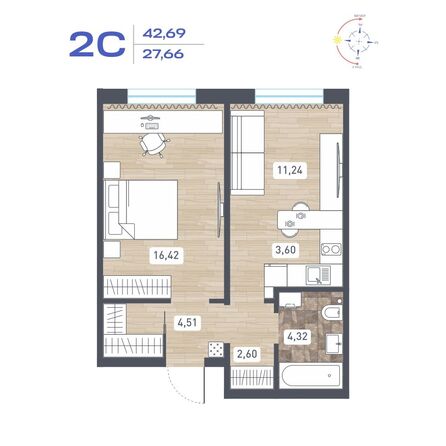 Планировка 2-комн 42,69, 43,68 м²