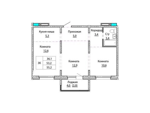 Планировка трёхкомнатной квартиры 55,2 кв.м