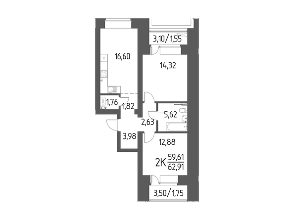 Планировка 2-комн 62,91 м²