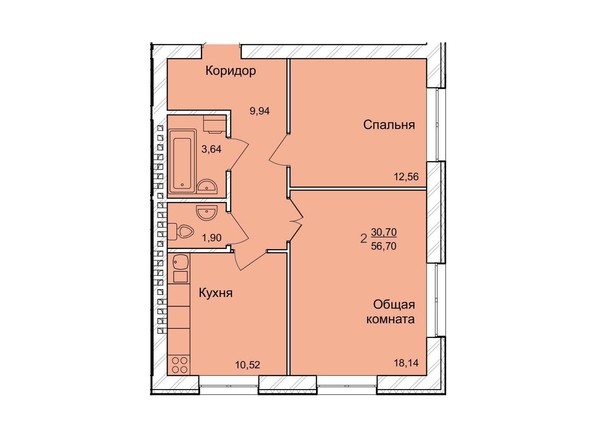 Планировка двухкомнатной квартиры 56,76 кв.м