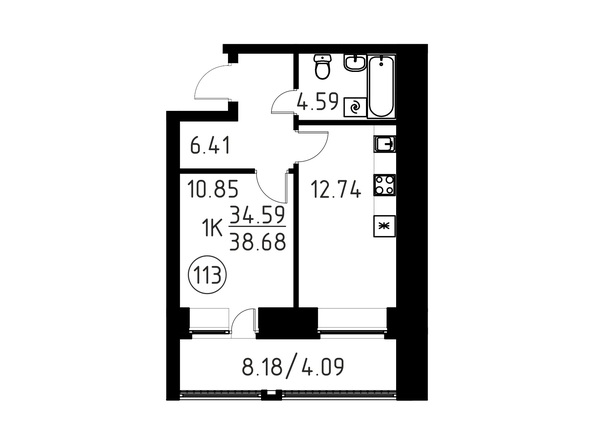 Планировка 1-комн 38,68 м²