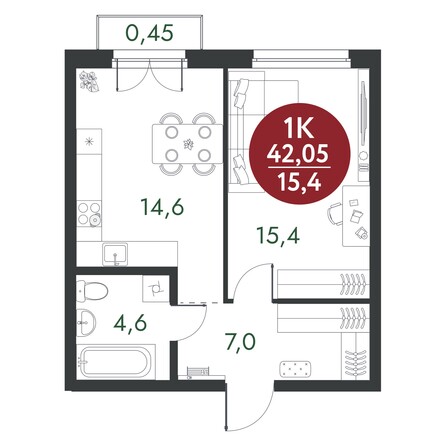 Планировка 1-комн 42,05 м²