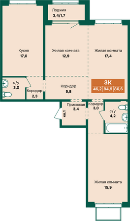 Планировка 3-комн 86,6 м²
