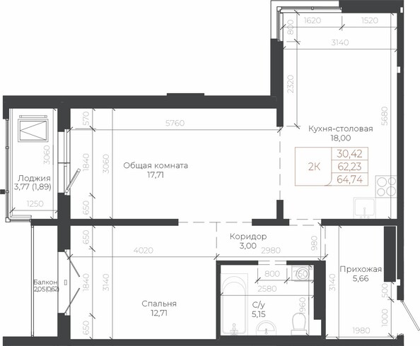 Планировка 2-комн 64,74 м²