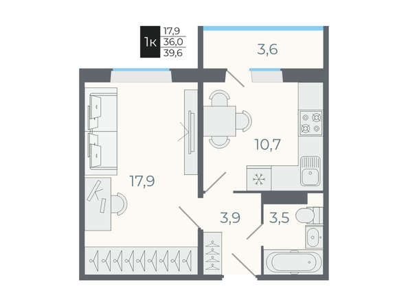 Планировка 1-комн 36, 39,6 м²