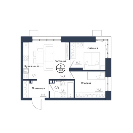 Планировка 3-комн 54 м²