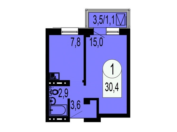 Планировка 1-комнатной квартиры 30,4 кв.м