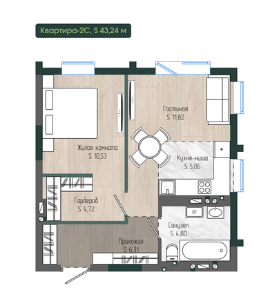 Планировка 2-комн 43,24 м²