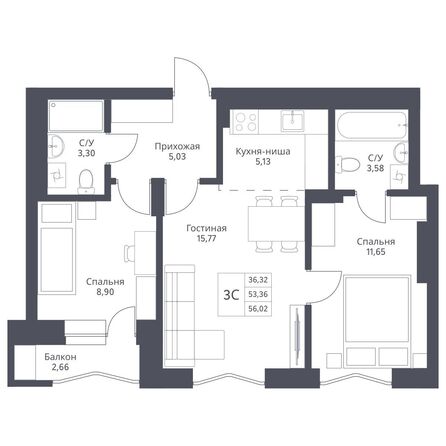 Планировка 3-комн 56,02 - 56,62 м²