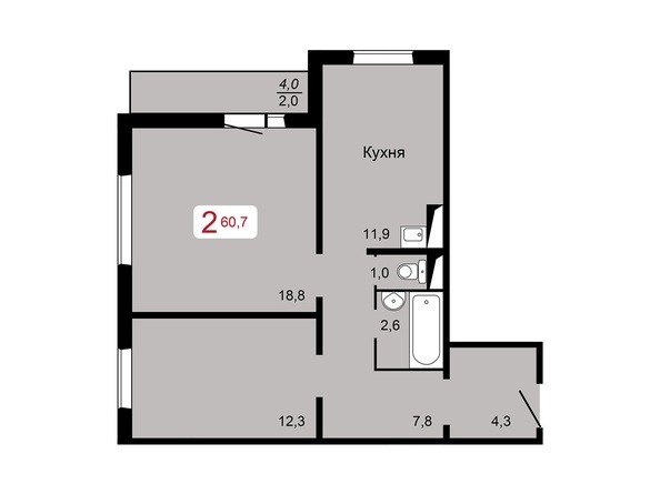 2-комнатная 60,7 кв.м