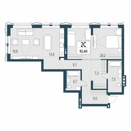 Планировка 3-комн 92,4 м²