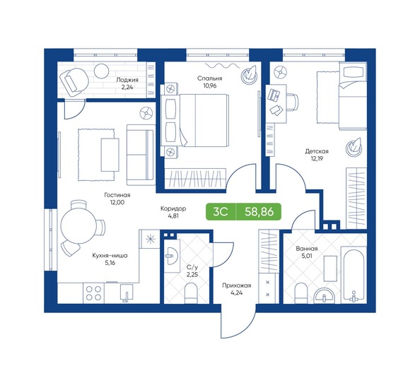 Планировка 3-комн 58,86 м²