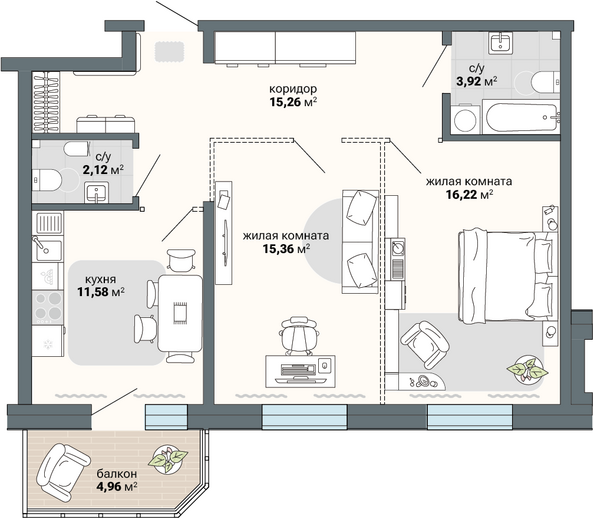 Планировка 2-комн 65,95 м²