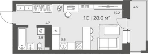 Планировка Студия 28,5 - 28,6 м²
