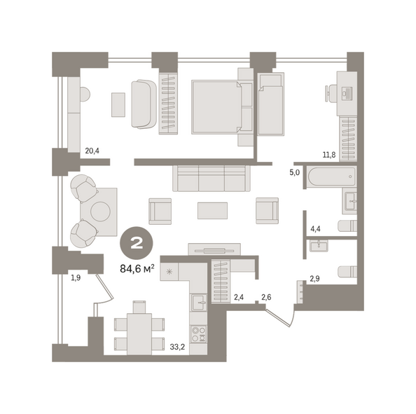 Планировка 2-комн 84,55 - 86,68 м²