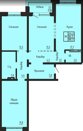 Планировка 3-комн 88,3 м²