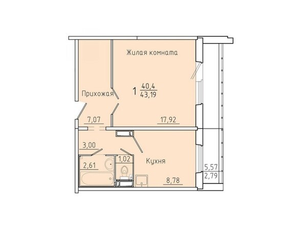 Планировка однокомнатной квартиры 43,19 кв.м