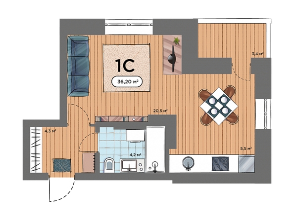 Планировка Студия 36,2 м²