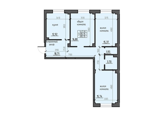 Планировка трехкомнатной квартиры 85,15 кв.м