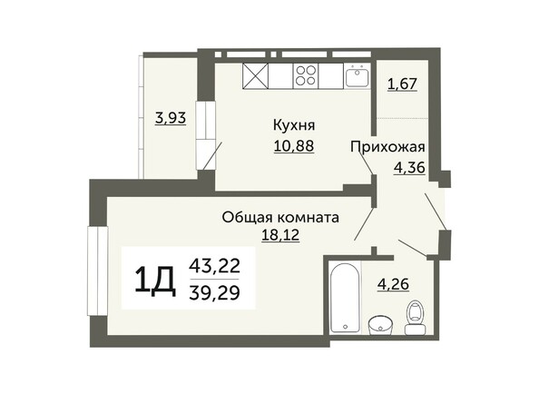Планировка однокомнатной квартиры 39,29 кв.м