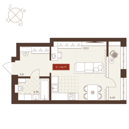 Планировка Студия 34,69, 34,83 м²