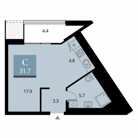 Планировка Студия 33,9, 34,3 м²