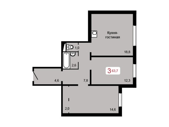 3-комнатная 63,7 кв.м