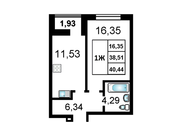 1-комнатная 40,44 кв.м