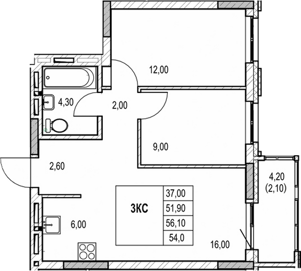 Планировка 2-комн 51,9 м²
