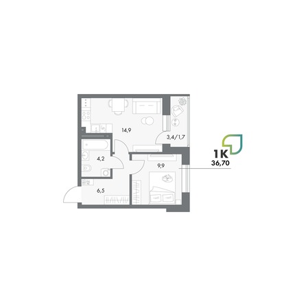 Планировка Студия 36,7, 37,2 м²