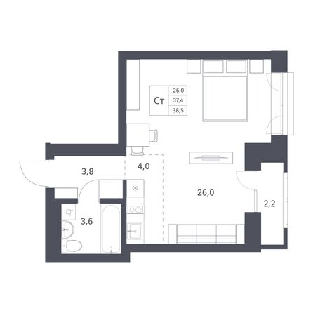 Планировка Студия 37,4 м²