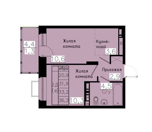 Планировка 2-комн 33,2 м²