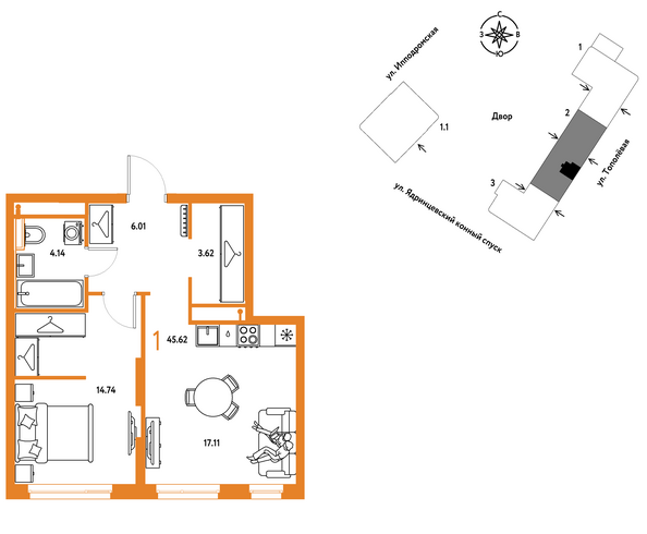 Планировка 1-комн 45,62 м²