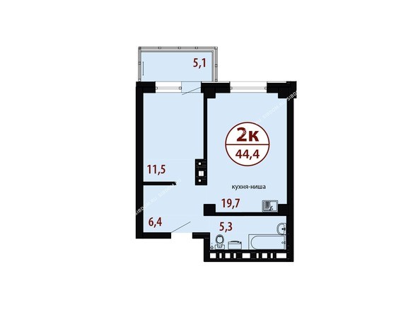 Секция №2. Планировка двухкомнатной квартиры 44,4 кв.м