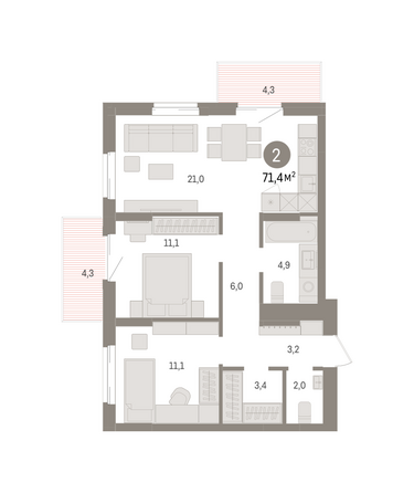 Планировка 2-комн 71,37 м²