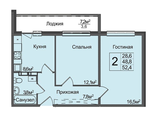 2-комнатная 52,4 кв.м