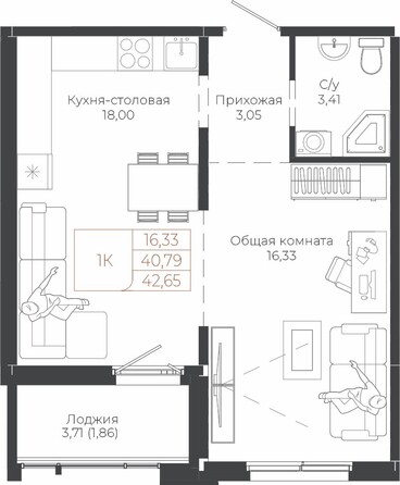 Планировка 1-комн 42,65 м²